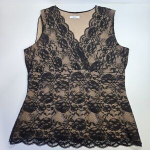 VINTAGE Cache Black Lace over Nude Sleevless Tank Top Large Y2K